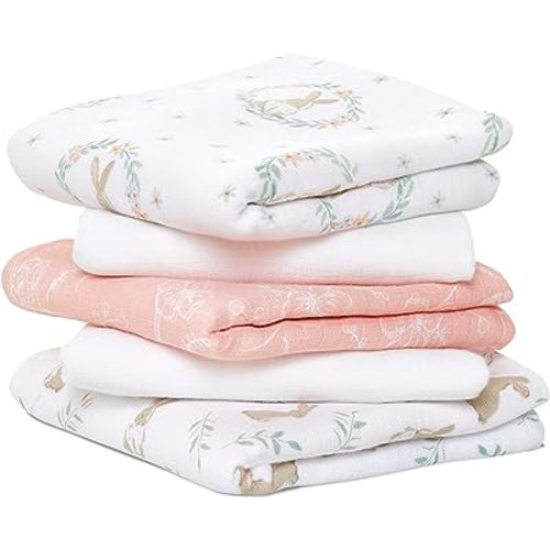 aden + anais Essentials Musy Squares 5 Pack - Soft, Absorbent 100% Cotton Muslin Baby Cloths (23.5"x23.5"), Perfect for Spills, Drool & On-The-Go Cleanups, A Diaper Bag Essential, Blushing Bunnies