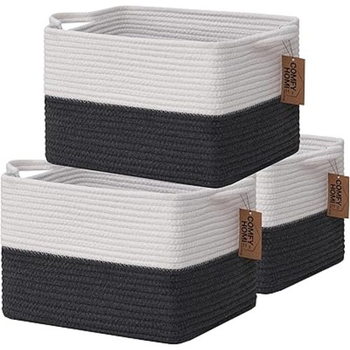 COMFY-HOMI 3PACK Cotton Rope Square Basket with Handles for Shelves| Storage|Baby Basket for Gif|Shoe basket for Organizing|New13.5" x 11" x 9.5" for Living Room（White/Dark Grey）