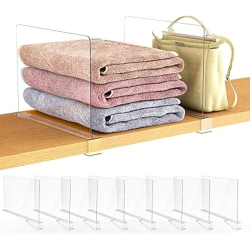 8 Pack Shelf Dividers, Acrylic Clear Closet Organizers and Storage Shelves for Purse Handbag Clothes Sweater Organization, Kitchen Bedroom Wood Cabinet Bookshelf Shelving Separators