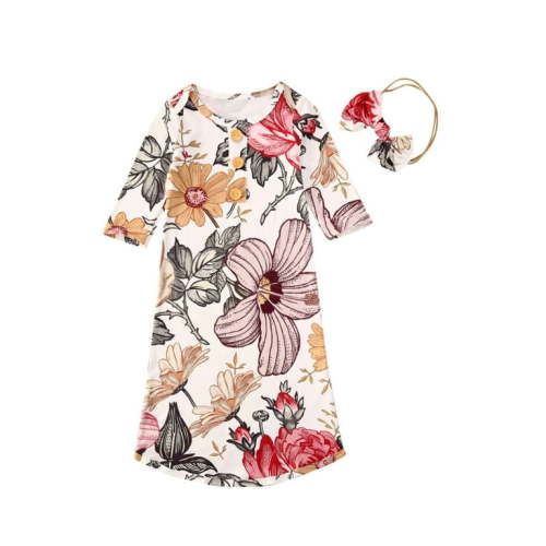 Baby Boys Girls Floral Sleepbag, Newborn Cotton Long Swaddle Wrap Gown Top+Headband Set