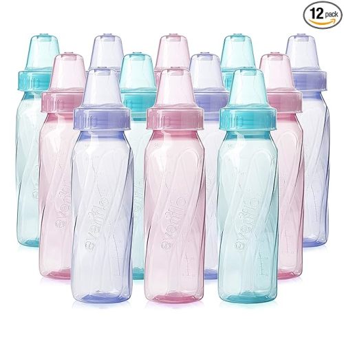 Evenflo Feeding Classic Tinted Plastic Standard Neck Bottles for Baby, Infant and Newborn, Pink/Lavender/Teal, 8 Oz, 12 Bottles