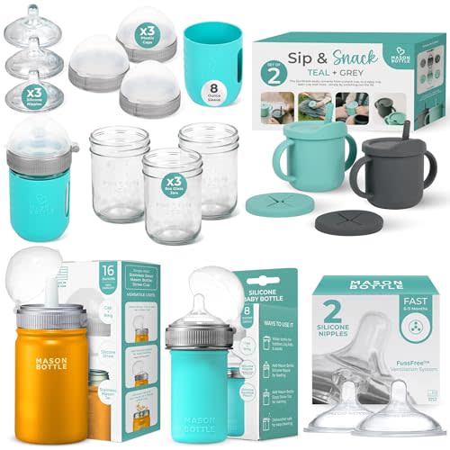 Everything Gift Set | 8oz Glass Mason Jars + Silicone & Stainless Steel Sippy Cups + Silicone Baby Bottle + Slow, Medium, & Fast Flow Nipples + Plastic Rings & Caps + Sleeves