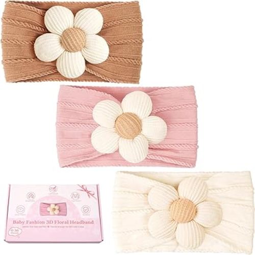 CÉLLOT Baby Flower Headbands Baby Girls Nylon Headbands Baby Essentials Stretchy Hairbands Handmade Hair Accessories for Newborn Infant Toddlers Kids (Pink,Brown,Beige)