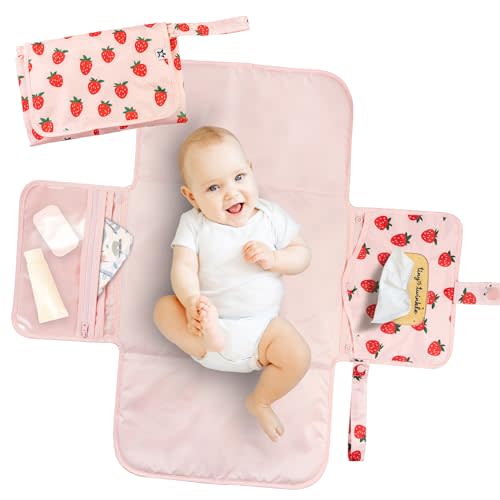 Tiny Twinkle Portable Diaper Changing Pad | Waterproof, Wipeable & Compact Baby Changing Pad for Travel | Smart Wipes Pocket & Organized Storage| Newborn Shower Gift (Strawberries)
