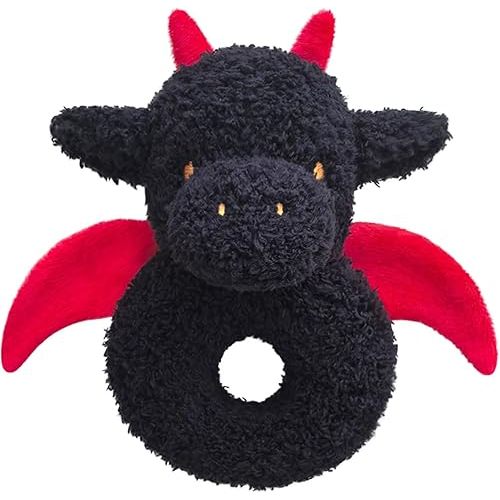 Baby Dragon Soft Rattle Toy, Plush Dinosaur Infant Shaker Rattle Easy-Grasp Stuffed Animal Toy, Gifts for Newborns Babies Toddlers Boys Girls, Black, 6 Inches