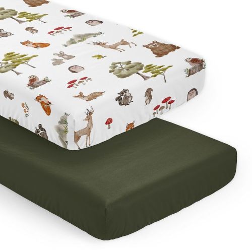 Sweet Jojo Designs Boy Girl Gender Neutral Unisex Fitted Crib Sheets Set Watercolor Woodland Forest Animals Green Brown White 2pc