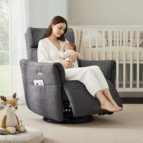 Power Rocking Chair Nursery Glider Recliner with Adjustable Headrest, Dual Motor Chenille Swivel Rocker Recliner Chair with USB Port and Storage Bags, FSC, CertiPUR-US® Certified, Green