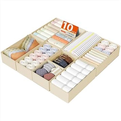 DIMJ Drawer Organizers Clothes, Set of 10 Dresser Organizer Bins, Fabric Closet Organizers and Storage, Shallow Drawer Dividers for Nursery, Clothing, Baby Clothes, Socks, Underwears, Tie (Beige)