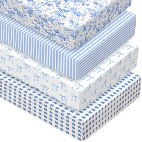 Peryiter 4 Pack Crib Sheets Blue Bow Soft Baby Bed Sheet Set 52'' x 28" Nursery Crib Sheets for Standard Bed Toddler Mattress Nursery Decor Boys Girls Kids