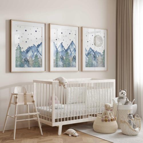 Blue Mountain Nursery Prints: Starry Night Sky, Woodland Decor (Set of 3)