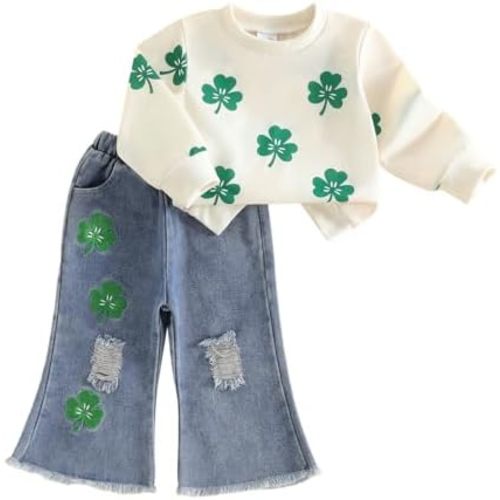 FYBITBO Toddler Baby Girl Clothes Fall Winter Baby Girl Outfit Floral Crewneck Sweatshirt Bell Bottom Jeans Pants Set