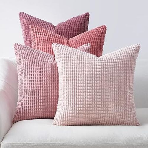 Topfinel Aesthetic Pink Room Decor Throw Pillows Covers for Couch Living Room Bedroom, Coquette Room Decorative Fluffy Corduroy Cushion Cover 18x18 Inch Set of 4 (Blush/Rose/Hot Pink)