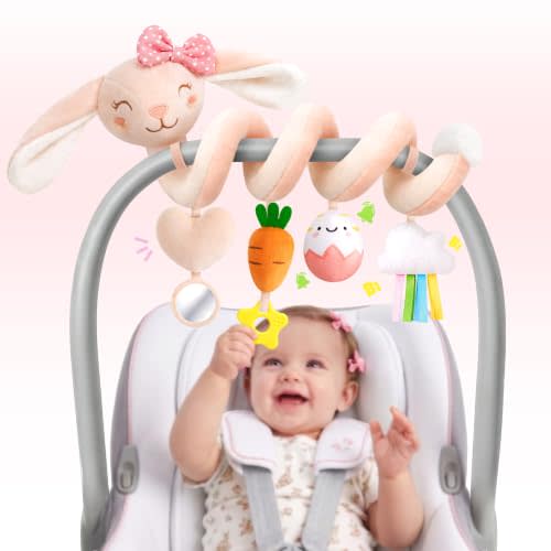 Stuffed Pink Bunny Spiral Car Seat Toys for Baby Girls 0-6 Months, Infant Stroller Toy with Plush Carrot & Star Teether Hanging, Baby Registry Search & Shower Gifts for Newborn Girls