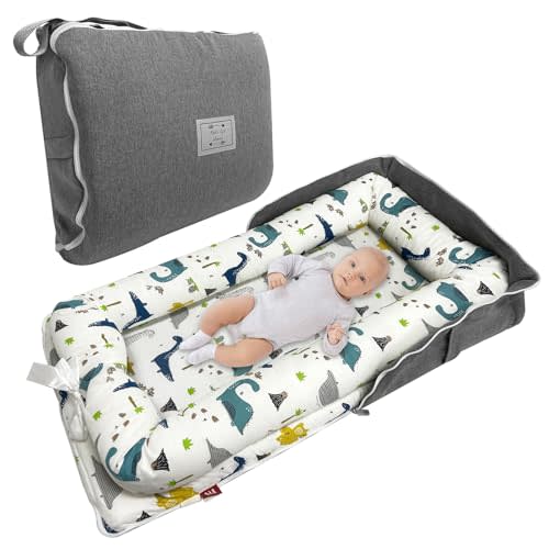 Baby Lounger, Foldable Portable Infant Lounger, Baby Nest Cover, Suitable for 0-24 Months Newborn Baby Lounger,Home Travel Dual-Purpose Baby Nest(Blue Dinosaur)