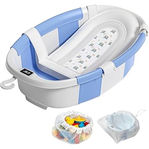 Collapsible Baby Bathtub, Baby Tubs for Newborns with Soft Cushion & Thermometer & Toy Organizer Mesh Bag, Infant Bathtub to Toddler 0-36 Months, Portable Travel Newborn Baby Bathtubs (Blue)