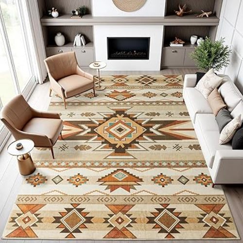Western Rug for Living Room, 5x7 Non Slip Low Pile Aztec Rug for Bedroom, Dining Room Rugs for Under Table, Office, Machine Washable Area Rugs, Beige