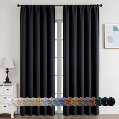 OVZME Wider Black Blackout Curtains for Bedroom 84 Inch Length 2 Panels Set, Solid Thermal Insulated Privacy Living Room Window Treatment Curtains Blackout Drapes, W50 x L84 Inch, Black