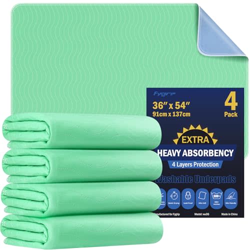 4 Pack 36” x 54” Extra Heavy Absorbency Washable Underpads, Waterproof Nursing Pads Incontinence Bed Pads, Reusable Washable Pee Pads for Dogs, Diaper Changing & Adults, Mattress Protector