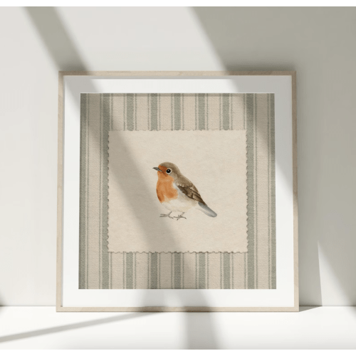 Robin Bird Print – Vintage Stripe Cottagecore Nursery Wall Art