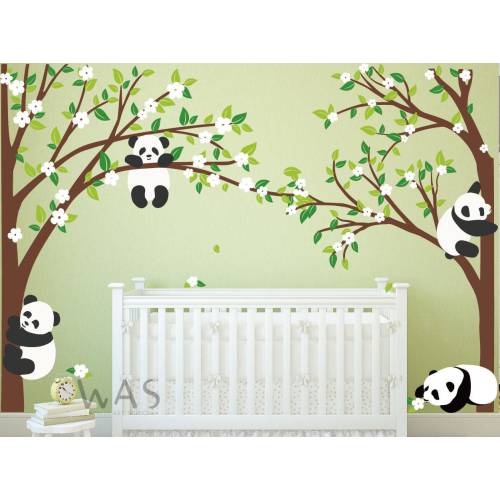 Panda Tree Wall Decals, Nursery Tree Wall Stickers, Large Tree Wall Decals, Panda Wall Stickers, Panda Bear Cherry Blossom Tree Wall Decals