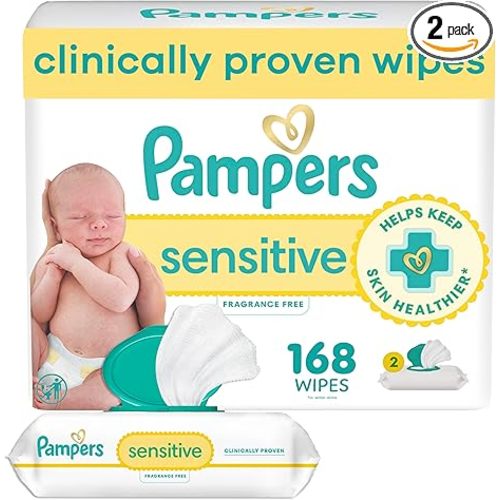 Pampers Baby Wipes Sensitive, Water Based Baby Wipes, Hypoallergenic and Unscented Baby Wipes, 168 Wipes Total (2 Flip-Top Packs)