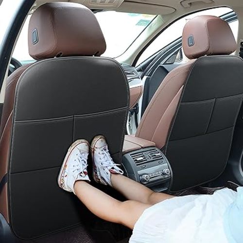 Car Kick Mats Back Seat Protector for Hyundai Elantra with 2 Pocket Storage Organizer - Faux Leather Back Seat Covers for Kids Feet Waterproof Dirt Automotive Accessories (1 Pair,Black)