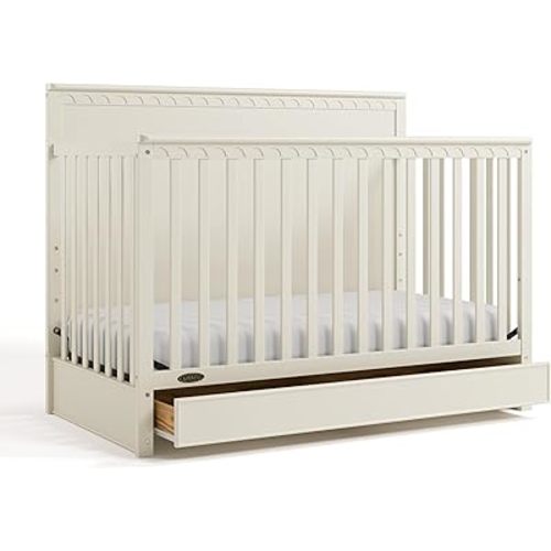 Graco Sasha 5-in-1 Convertible Crib with Drawer – GREENGUARD Gold Certified Wood Crib, Converts to Toddler Bed, Daybed, Full-Size Bed, Stylish Classic Design (Frosted Oat)