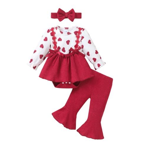 Renotemy Newborn Baby Girl Clothes Fall Infant Outfit for Girls Preemie-12M | Cute Preemie Baby Clothes Girl,Winter Newborn Going Home Outfits Gift,Ruffle Romper Dress,Bell Bottom Pants Set with Headband