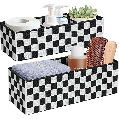 Woven Storage Baskets Bins Container, 16” Checker Pattern Ribbon Metal Wire Desk Organizer, Drawer Dresser Baskets, Countertop Toilet Paper Storage Containers (Black & White),2-Pack