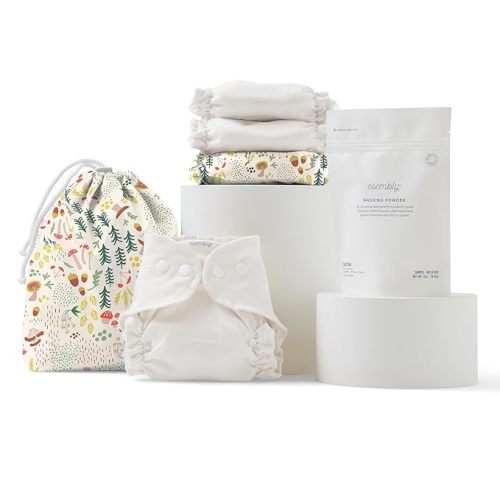 Esembly Try-It Kit - Cloth Diaper Starter Set with Organic Cotton Diapers, Waterproof Diaper Cover, Wet Bag, and Laundry Detergent - Fantastic Fungi, Size 1 (7-18lbs)