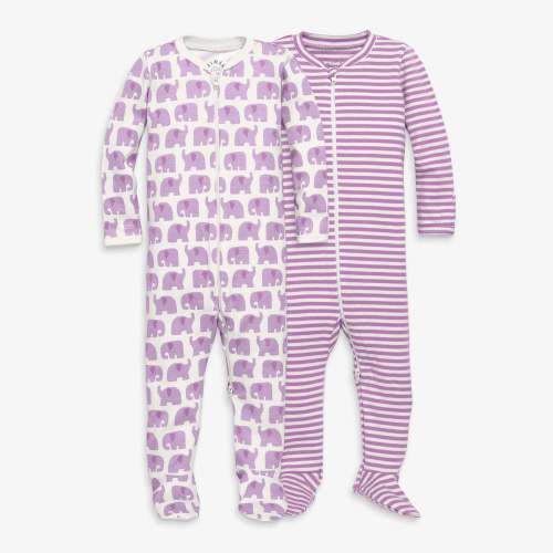 Baby organic zip footie 2-pack gift set - Lavender elephants / 6-9M