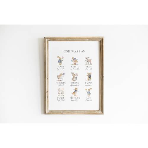 God Says I Am Nursery Wall Art Watercolor Woodland Animal Nursery Decor Christian Scripture Playroom Cottagecore Baby Room XFGS7-A1