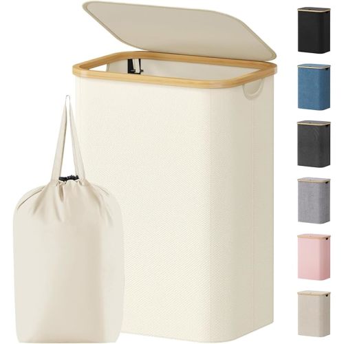 Lifewit 80L Laundry Basket with Lid, Clothes Hampers for Laundry with Bamboo Handles and 1 Removable Bag, Large Foldable Laundry Hamper for Bedroom, Bathroom, Dorm, Laundry Room, White