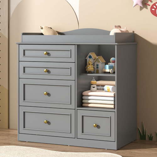 ChVans Changing Table Dresser, Baby Classic Nursery Dresser with 5 Drawers & Open Storage Shelves, Convertible Nursery Dresser Chest of Drawers