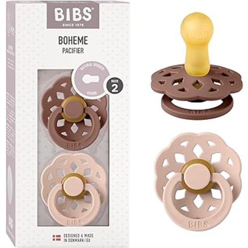 BIBS Pacifiers - Boheme Collection | BPA-Free Baby Pacifier | Made in Denmark | Set of 2 Woodchuck/Blush Color Premium Soothers | Size 6-18 Months