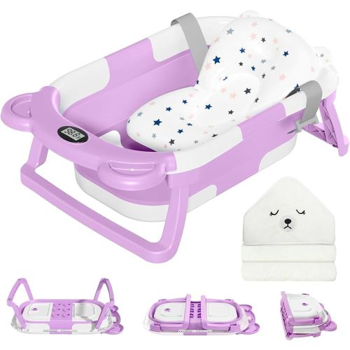 MoreFeel Collapsible Baby Bathtub for Newborn with Thermometer & 1 Hooded Towel & 1 Soft Floating Cushion,Portable Travel Bathtub with Drain Hole, Durable Foldable Baby Tubs for Infants to Toddler