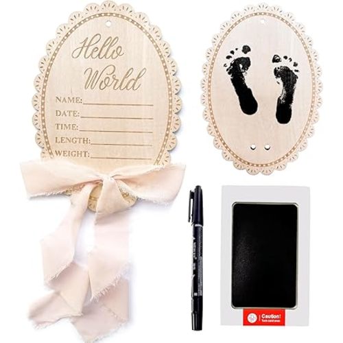 Hello World Baby Announcement Sign, Pink Bow Newborn Sign, Wooden Name Sign for hospital, With Ink Pad for Hand and Footprints, Marker Pen, Bow Ribbon Baby Photo Prop & Keepsake
