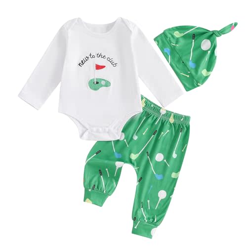 DSOKUHIB Newborn Baby Boy Girl Golf Outfit New To The Club Embroidery Long Sleeve Romper Golf Pants Hat Set 3Pcs Fall Clothes