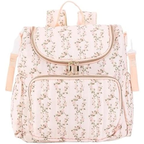 Quilted Stroller Bag, Floral Diaper Bag with Insulated Pocket