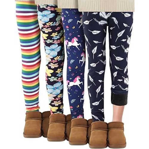 4 Pack Girls' Fleece Lined Leggings Winter Warm Printed Thick Thermal Tights Pants Cotton Full Length Pants