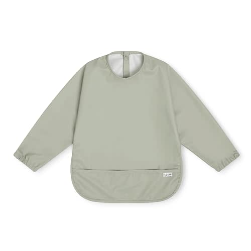 Lalo Long Sleeve Baby Bib, Waterproof, Elastic Cuffs, Large Catch-All Pocket, Recycled Polyester, Ages 6-24 Mo., Sage