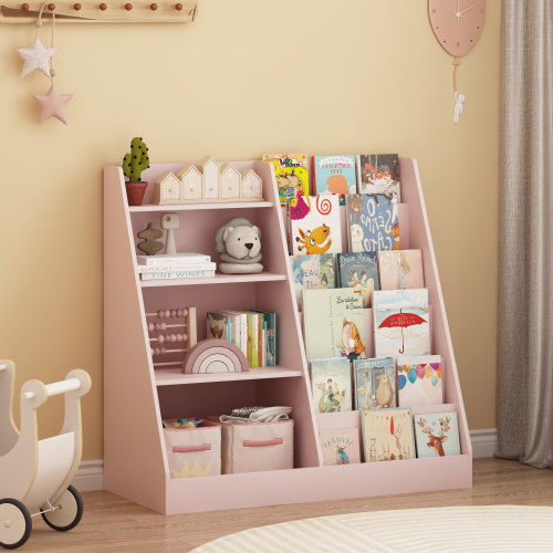 SESSLIFE Kids Bookshelf and Toy Storage Organizer, Wood 4-Tier Kids Bookcase with Front-Facing Book Display Stand and Open Shelves, Freestanding Book Shelf for Kids Room, Playroom, Nursery, Pink