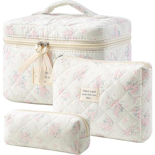 HBselect Quilted Makeup Bag, 3PCS Cotton Large Travel Makeup Bag, Cute Floral Coquette Make up Bag Cosmetic Bag Toiletry Bag for Women Girls