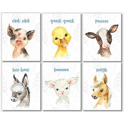 Farm Animal Wall Art Prints - Baby Nursery Decor - Set of 6-8x10 - Unframed - Watercolor