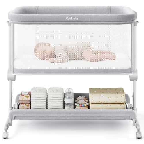 Ezebaby Baby Bassinets Bedside Sleeper, Portable Bedside Bassinet for Baby Newborn Infants with Adjustable 7 Heights and All Mesh Sides, Newborn Crib with Mattress and Soft, Breathable Sheet | Baby bassinets