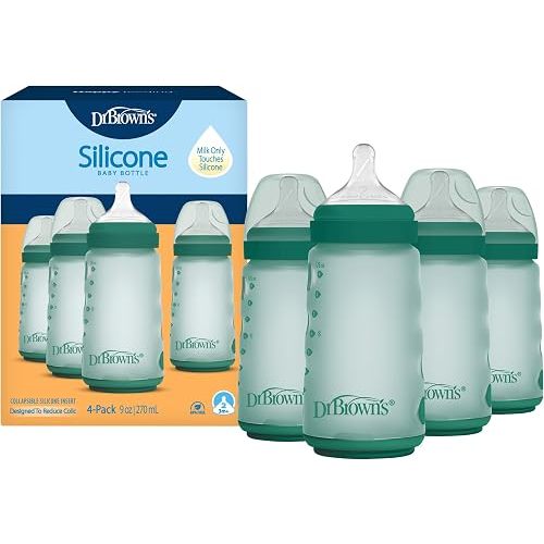 Dr. Brown's Silicone Baby Bottle, 9 oz, Level 2 Nipple, 3m+, Green, 4-Pack