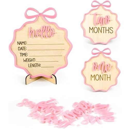 3D Wooden Baby Milestone Sign with Acrylic Bow Monthly Milestone Markers – Monthly Baby Milestone & Newborn Announcement Card, Photo Prop for Baby Shower Gift & Nursery Decor, Premium Design