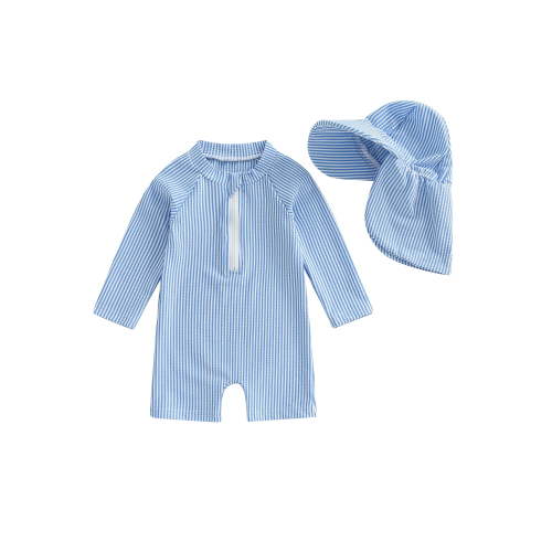 Loicainy Baby Toddler Boys Long Sleeve Swimwear 3 6 12 18 24 Months Summer Striped Prints Zipper Rash Guard Swimsuit and Hat Beachwear Bathing Suit