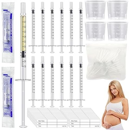 50PCS Colostrum Collector Kit Include 1ml Breastmilk Collector Syringes with Caps 4Pcs Measuring Cups 60 Stickers and Collection Bag Breast Colostrum Collection Gift Set for Breastfeeding