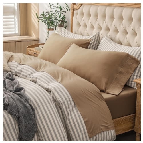 PURE ERA Jersey Knit 4pcs Sheets Set 20" Deep Pocket Ultra Soft 100% Cotton Bedding (King, Toffee Brown)